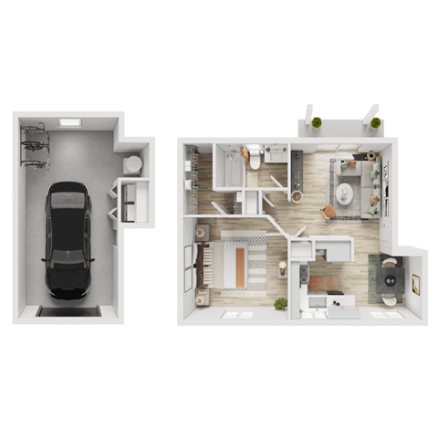 Floor plan for 1 bed, 1 bath, 590 sqft